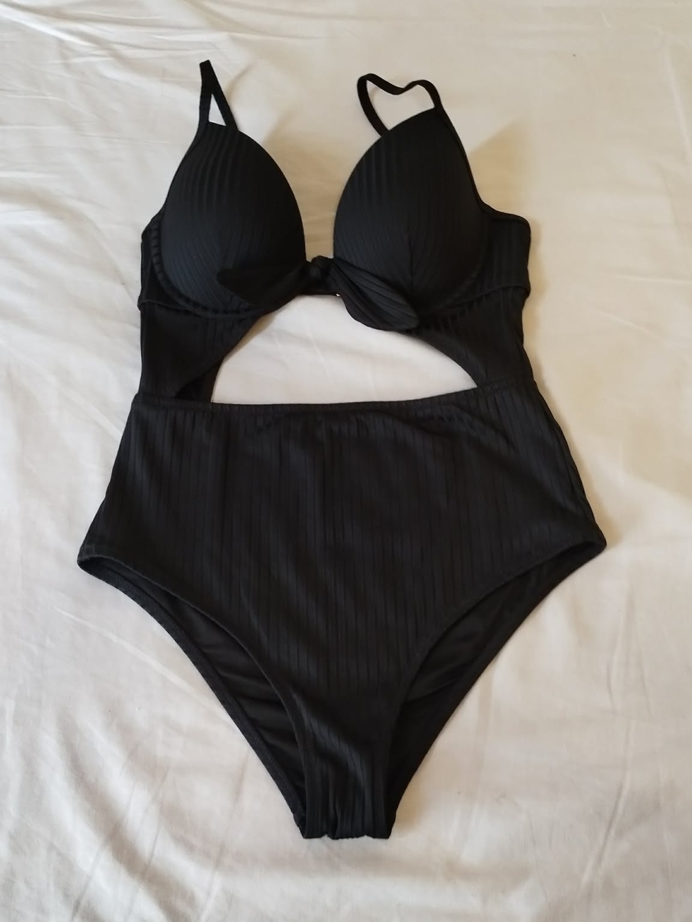 Black Ribbed Cutout One-Piece Swimsuit